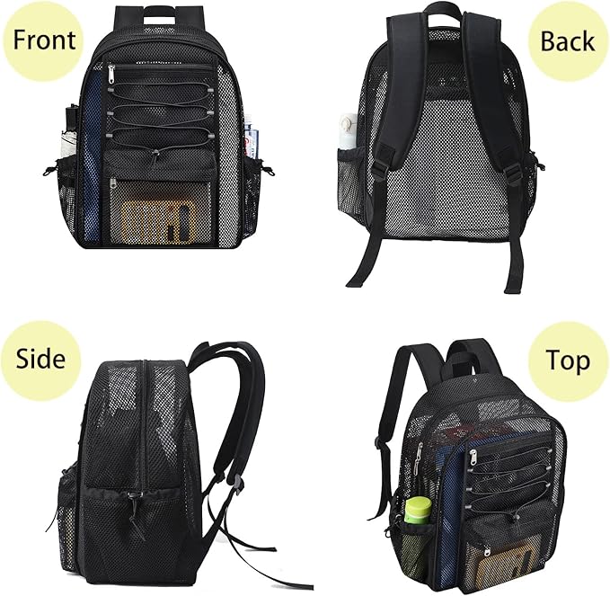 Mesh Backpack Heavy Duty for School, 24L Large Mesh Bookbag for Adults, Black School Bag with Comfort Padded Straps for Work Swimming Beach Fitness Sport