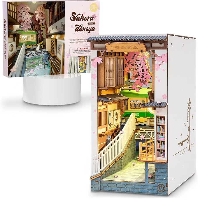 Rowood Book Nook Kit, Bookshelf Insert Decor Alley 3D Wooden Puzzle, DIY Bookend Building Set Model Kit with LED Light -Sakura Tram