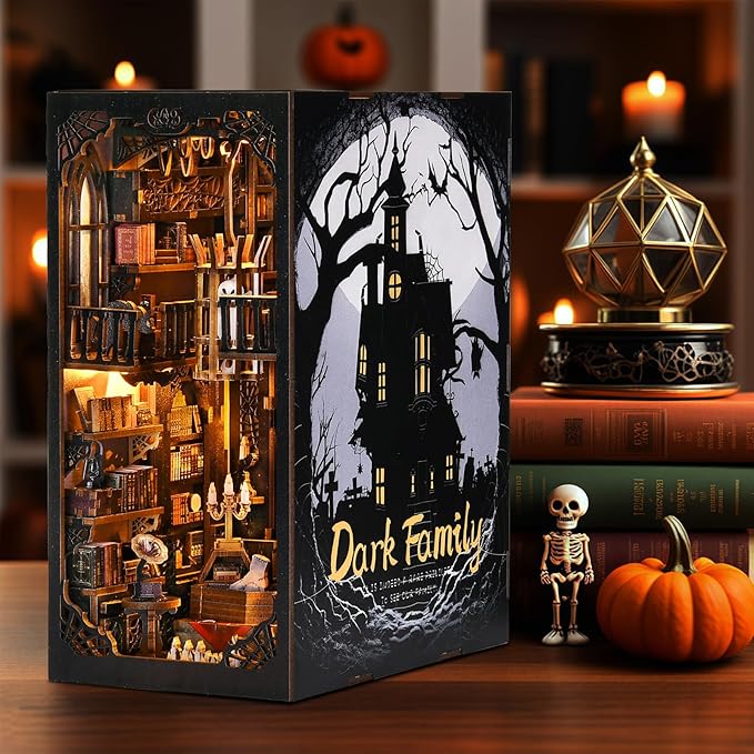 Book Nook Kit - Haunted Manor DIY 3D Wooden Puzzle for Adults, Horror Bookshelf Insert with LED Lights, Halloween Home Decor Gift,The Gothic Dark Family