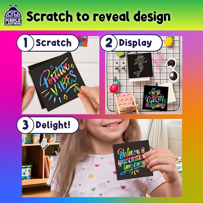 PURPLE LADYBUG 150 Rainbow Scratch Art Mini Notes - Stocking Stuffers for Kids, Arts and Crafts Supplies, Fun & Colorful Scratch Paper for Girls, Kids & Teens Gift, Classroom School Supplies