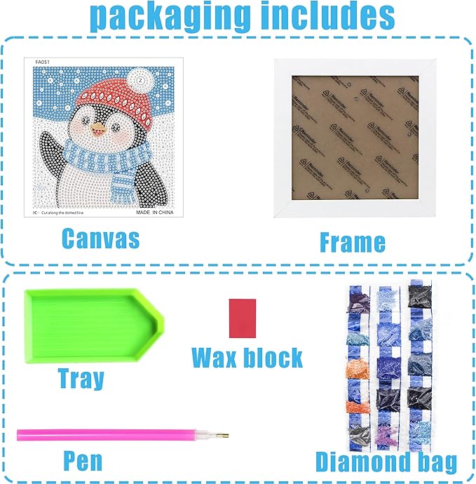 geesfayan Diamond Art Kits for Kids Ages 8-12,6 Inch DIY Gem Art Painting with 7 Inch Frame, Complete Starter Kit for Beginners, Creative Arts & Crafts Gift for Girls & Boys (Christmas Penguin)