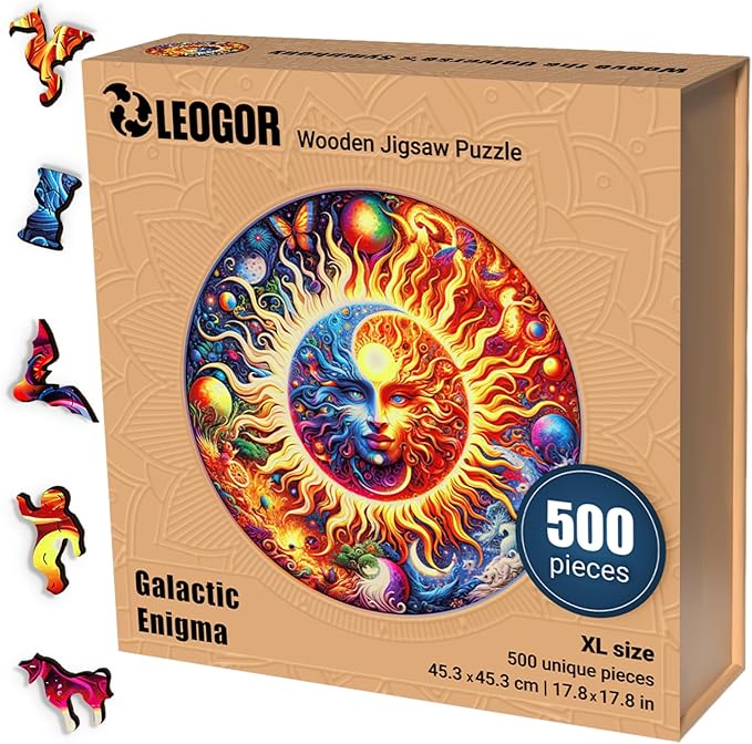 LEOGOR Wooden Jigsaw Puzzles for Adults 500 Pieces (17.8 x 17.8 in), Galactic Enigma Sun Moon Puzzle, Extra-Thick 5mm Wood, Unique Round Mosaic Puzzle with Animal Shaped Pieces, Advanced Brain Teaser