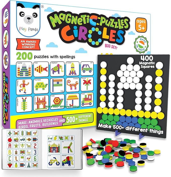 Magnetic Tangram Puzzles Toys for Kids | 400 Magnet Circles Shapes with 200 Patterns Booklet, Board & Display Stand | STEM Educational and Learning Games for Ages 4 5 6+ Years|Gifts for Girls & Boys