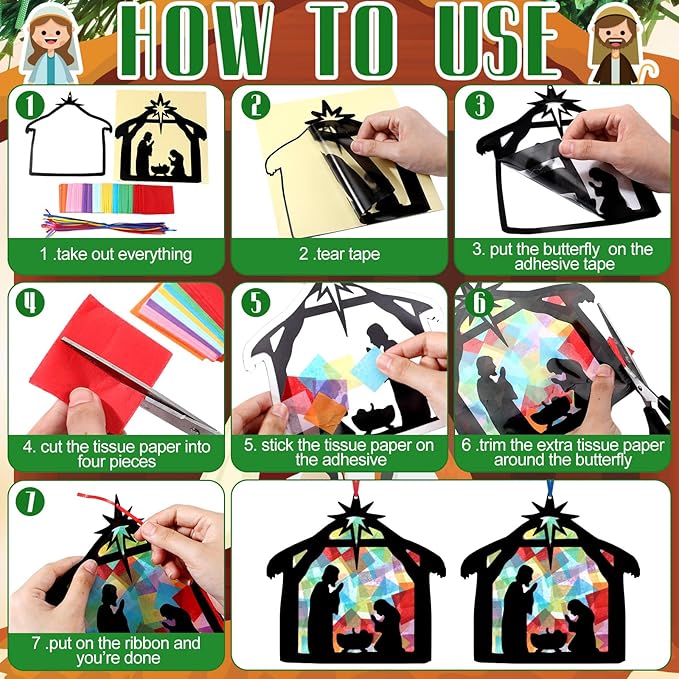 Eersida 32 Sets Christmas Nativity Suncatchers Craft Kit DIY Christianity Tissue Paper VBS Sunday School Craft Make a Nativity Tissue Paper Kit for Holy Night Christian Religious Lent Bible Window Art