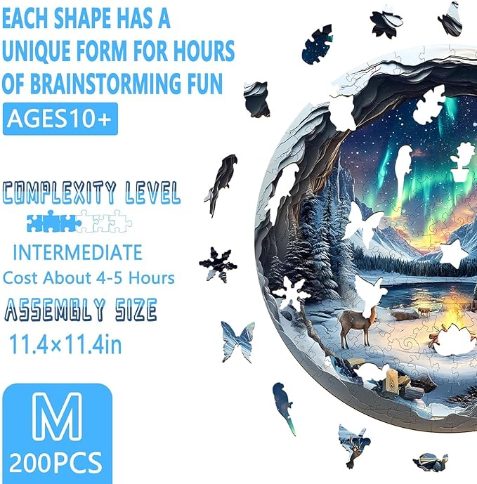 Wooden Puzzles for Adults, Flat Puzzle with 3D Visual Effect, Aurora World Wooden Jigsaw Puzzles for Adults 200 Pieces, Winter Wood Puzzles Adult, Unique Shape, Wall Art Canvas Puzzle (M-11.4*11.4in)