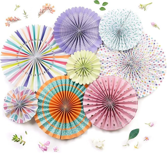 PapaKit Origami Wall Decoration Set (8 Assorted Round Paper Fans) Birthday Party Baby Shower Wedding Events Decor | Creative Art Design Pattern (Festive Colors with Mixed Patterns, 8 Piece Set)