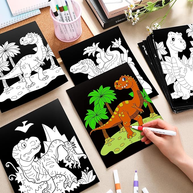 Zhanmai 48 Pack of 8 x 10 Inches Back to School Dinosaur Velvet Coloring Posters Party Favors and 12 Pcs Watercolor Pens for Adults Teenagers Large Poster for Classroom Holiday Arts Crafts