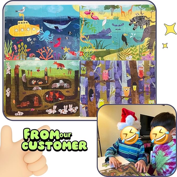 Puzzles for Kids Ages 3-5, 4 Pack 4-Difficulty-Level Puzzle with 12 16 24 32 PCS, Color-Zones on Back, 4-in-1 Progressive Animals World Jigsaw Toy Gift for Age 3 4 5 6 Year Old Boys Girls