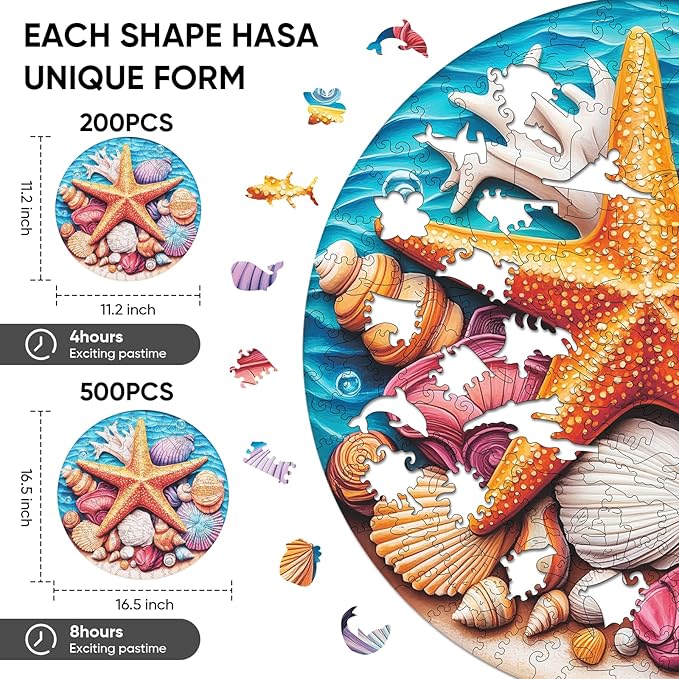 Wooden Puzzles for Adults, Blue Starfish Jigsaw Puzzles, Unique Adult Puzzles 200 Pieces, Wooden Toys Best Gift for Adults and Kids Family Brain Game, 11.2x11.2 inch