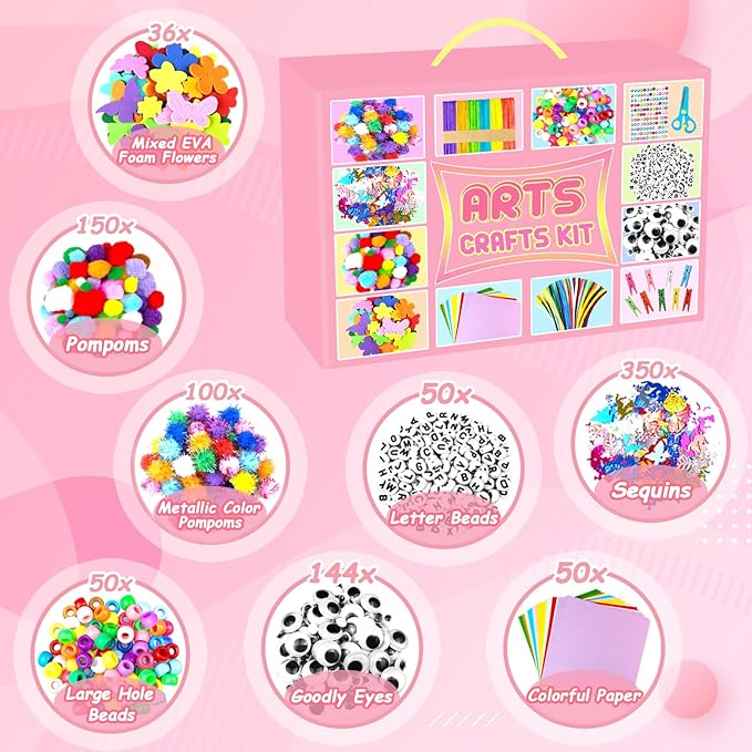 2000 PCS Arts and Crafts Supplies for Kids All-in-1 Craft Kit with Pipe Cleaners Craft Box Set DIY Crafting Supply School Supplies Toys Gifts for Girls Boys Ages 4-6, 6-8, 8-12, Pink