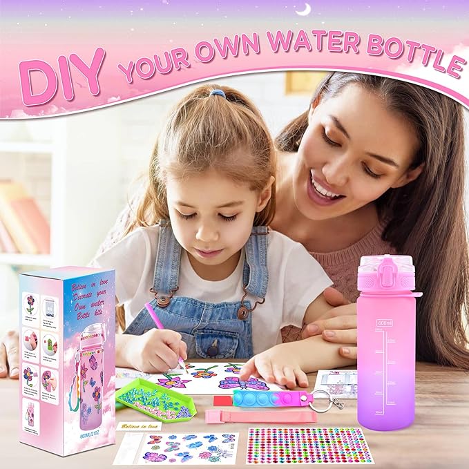 ASIOWELY Decorate Your Own Water Bottle Kits for Girls Age 4-12, Butterfly Flower Diamond Painting Art and Crafts Gift for Boys Age 4-6-8-10, Fun Gifts Toys for School Birthday Christmas