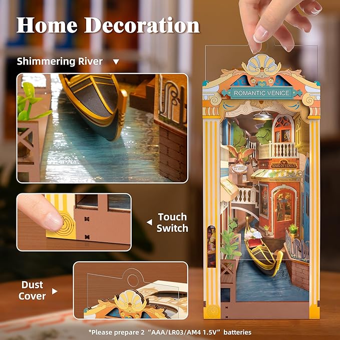Rowood Book Nook Kit,DIY Book Nook Kits with Dust Cover for Adults,Miniature House 3D Wooden Puzzle Bookend Bookshelf Insert Allety,Craft Kits for Adults/Kids,Birthday Romantic Venice