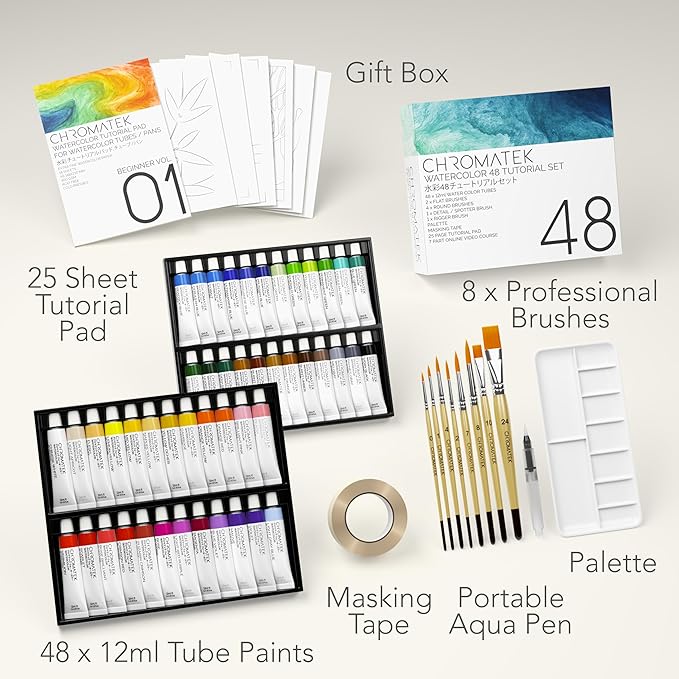 CHROMATEK Watercolor Paint Set, 84 Piece Kit, Video Tutorial Course, 48 Tubes, from Beginner to Intermediate & Professional Artists, Paper, 8 Brushes, Palette, Aquapen, Masking Tape, 12ml Tubes