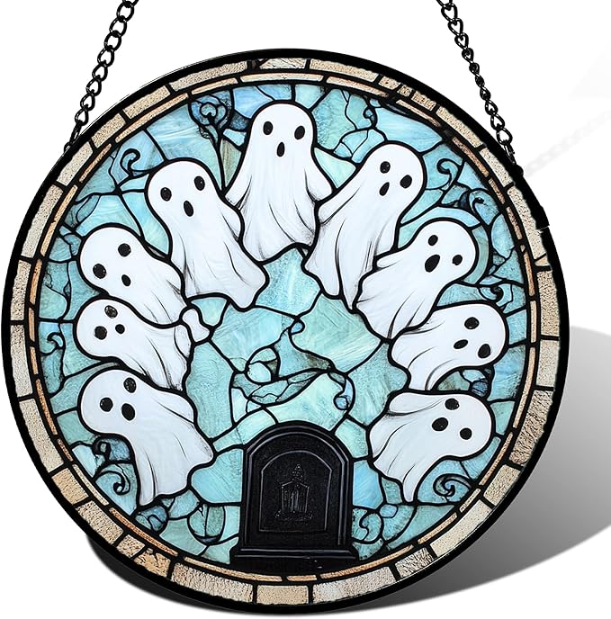 Stained Glass Window Hanging - Halloween Decorations Ghosts Tombstones Suncatcher for Doors Garden Indoor Spooky Funny Sun Catchers Gothic Decor Horror Gifts for Women Men Friend 9.8 in