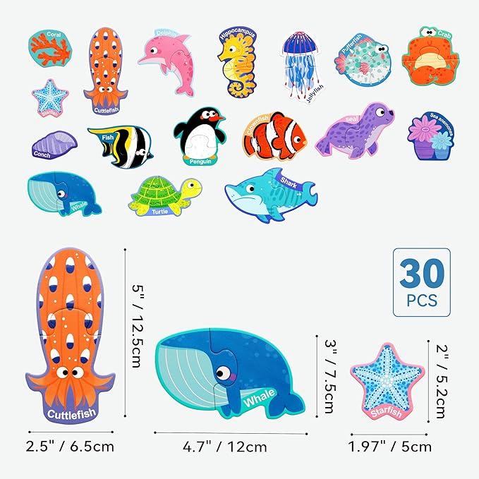 Dotimo 30 pcs Magnetic Puzzle of Fun Ocean Animals - Colorful Puzzles for Kids Aged 3+ - A Magnetic Educational Learning Toy for Toddlers Aged 3-5 to Develop Hand-Eye Coordination