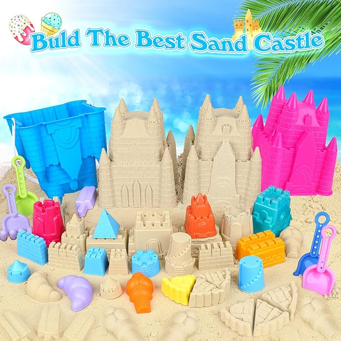 Beach Toys Sand Toys for Kids, Sand Castle Toys for Beach with 2 Sand Castle Bucket and Mesh Bag, Sand Molds, Shovels and Rakes, Sandbox Toys for Toddlers, Travel Beach Toys for Kids 3-10