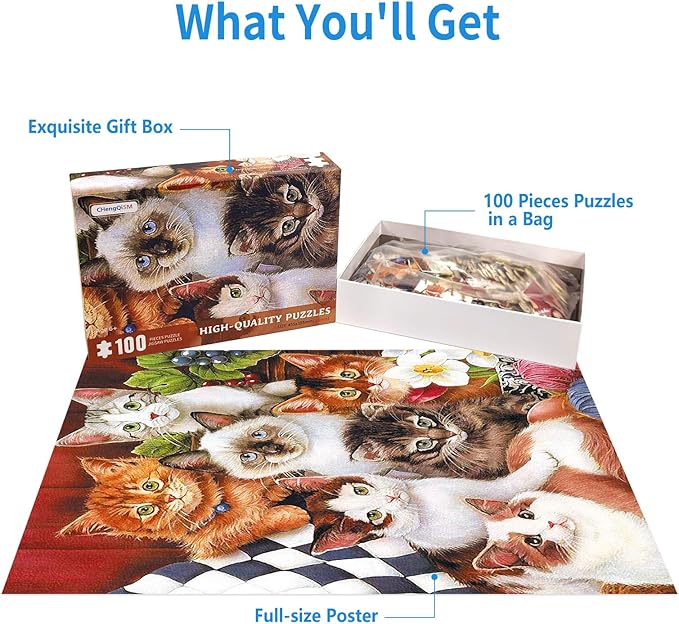 100 Piece Puzzles for Kids Cute Cat 100 Piece Puzzles for Adults, Kitten Group Photo 100 Pieces Puzzle for Kids Ages 4-8, Cats Selfie Puzzle for Seniors Teens Brain Teaser