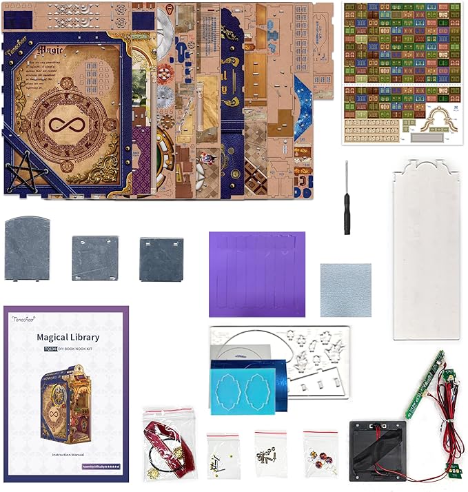 Tonecheer DIY Book Nook Kit for Adults, 3D Wooden Puzzle Bookend Miniature House Kit, Booknook Bookshelf Insert Decor with Dust Cover and LED Lights Gifts (Magical Library)