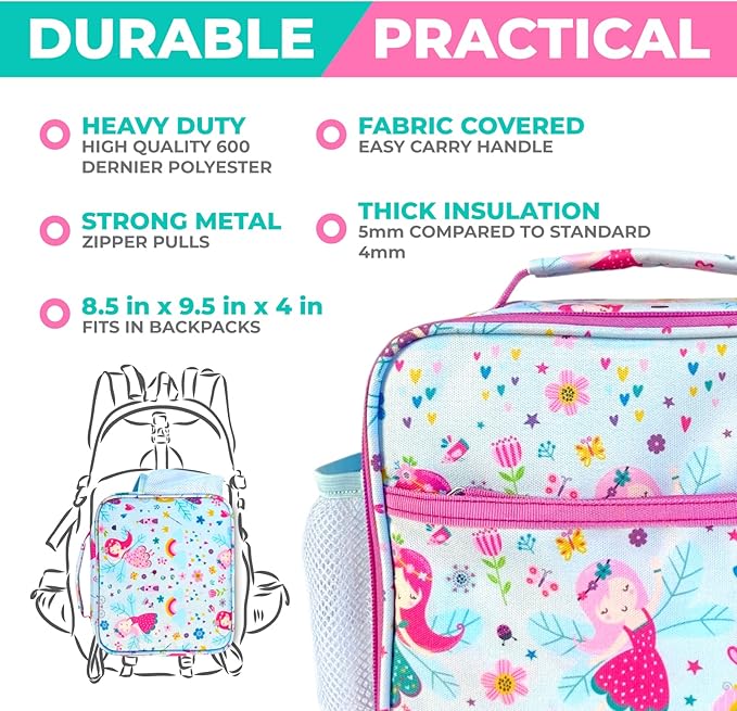 Bento Lunch Box with Stainless Steel Thermo, Matching Insulated Lunch Bag and Ice Pack Set for Girls, Kids, 5 Divided Compartments, Snack Container for Toddler Daycare, Pink Fairy Princess