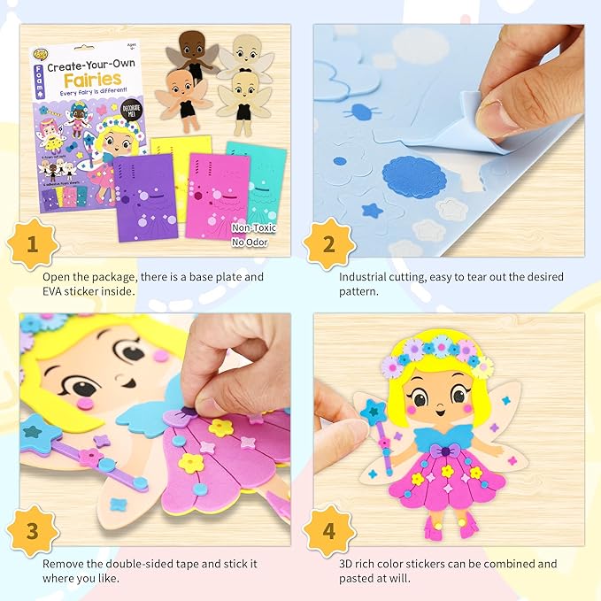 VKPI 4 Pieces EVA Foam Art Crafts Gift Kit, Creative Make Your Own Fairies, Cartoon Foam Paper Craft Projects for Kids Ages 4+ Toddler, Preschool Learning Toy for Birthday Party Favor Supplies