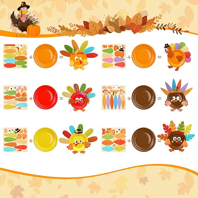 Bafeil 24 Sets Thanksgiving Turkey Craft Kits DIY Autumn Make a Turkey Paper Plate Crafts Turkey Ornaments Decorations Art Sets for Festive Fall Autumn Thanksgiving Party Classroom Activities