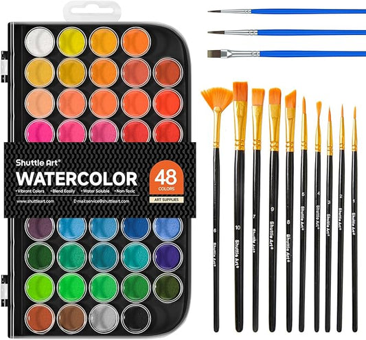 Shuttle Art 58 Pack Watercolor Paint Set, 48 Colors Watercolor Pan with 10 Paint Brushes for Beginners, Artists, Kids & Adults to Water Color Paint, Bullet Journal, Calligraphy Practice
