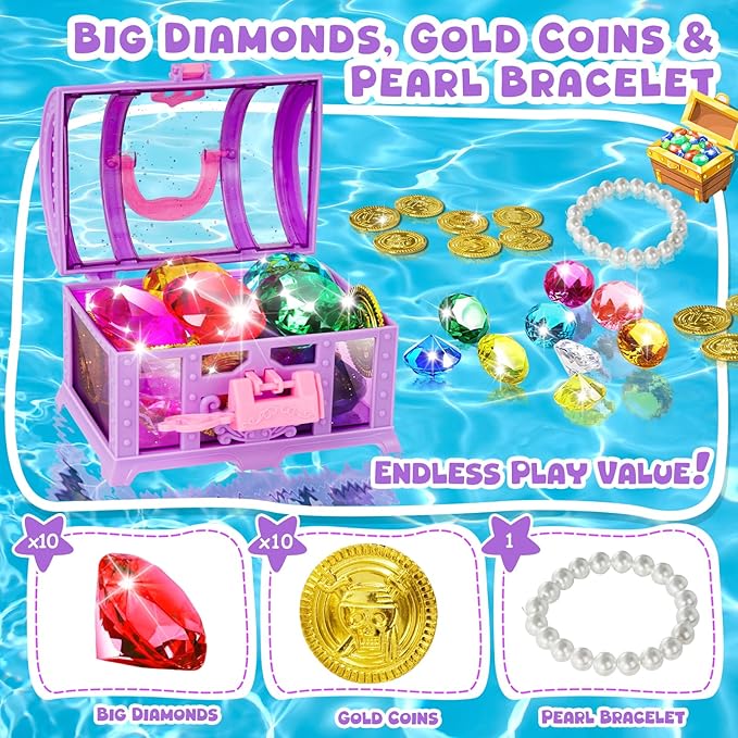 Diving Gem Pool Toys Colourful Big Diamonds and Gold Coins with Pirate Treasure Chest Throwing Toys Water Toys Underwater Gems Swimming Training Gift for Kids Birthday Party Favor