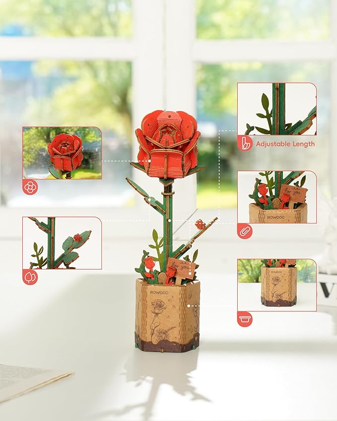 rowood 3D Puzzle Wooden Flower,DIY Artifical Flower Building Toy Set Craft Kit for Women,Mother's Day/Valentine's Day/Teacher's Day/Thanksgiving/Christmas/Birthday Choice-Red Rose
