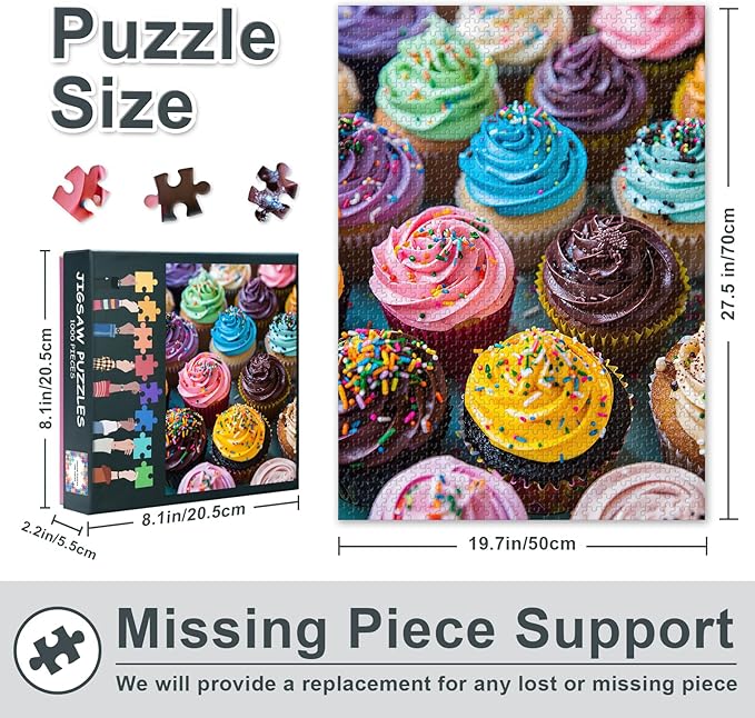 1000 Piece Puzzle for Adults - Rainbow Cupcake Party Jigsaw Puzzles, Playful Dessert Artwork Adult Puzzles 1000 Pieces, Collectible Foodie Puzzle Board - 27.5x19.7 Inches