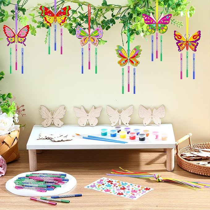 JellyArch 30 Pack Butterfly Wind Chime Making Kit for Kids Make Your Own Wind Chime Butterfly Wooden Crafts Ornaments for Girls Boys DIY Activity Birthday Spring Summer Decoration