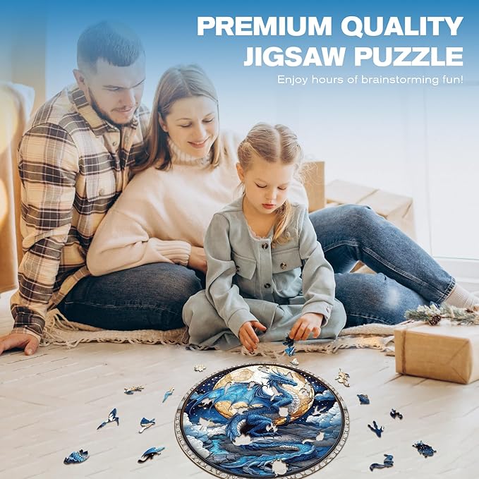Wooden Puzzles for Adults - Moonlight Blue Dragon Wooden Jigsaw Puzzle - Unique Shape 3D Vision Wood Puzzles Adult - Christmas Birthday Gifts for Adults/Friends/Family - 100pcs 8.5 * 8.5in