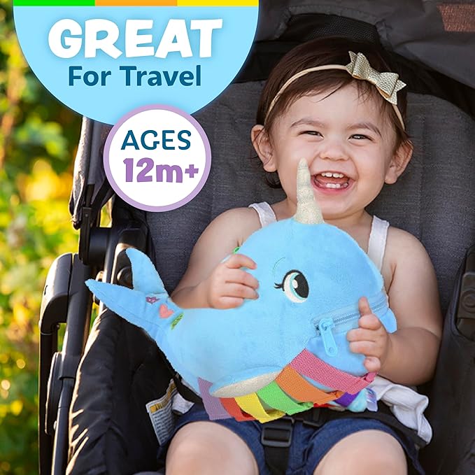 Buckle Toys - Bubbly Narwhal - Develop Fine Motor Skills - Sensory Learning Activity Toys - Toddler Plane Travel Essential