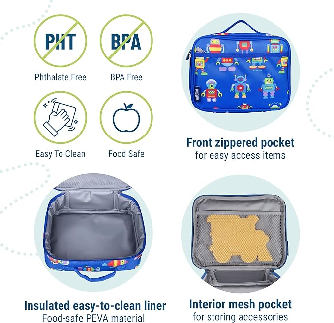 Wildkin Kids Insulated Lunch Box – Durable and Reusable for School & Travel - Robots