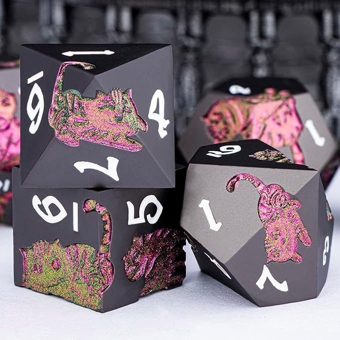 Metal DND Cat Dice 7PCS Polyhedral RPG Dice Set with Gift Case for Dungeons Dragons Role Playing Game, D and D Dice D6 D8 D10 D12 D20 D% (Purplish Red) 