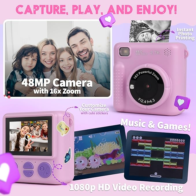 Photomaker Kit - Instant Print Camera for Kids Plus DIY Journal Kit for Girls - 150 Pcs Tween Journal & Camera for Girls - 6 7 8 9 10 11 12 13 14 Year Old Girl (Lilac)