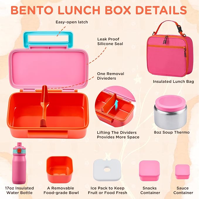Bento Lunch Box for Kids With 8oz Thermo, Leakproof Bento Box with with 2 Compartments, Insulated Bottle, Lunch Bag, BPA Free Dishwasher Safe for School Girls Boys (Pink)