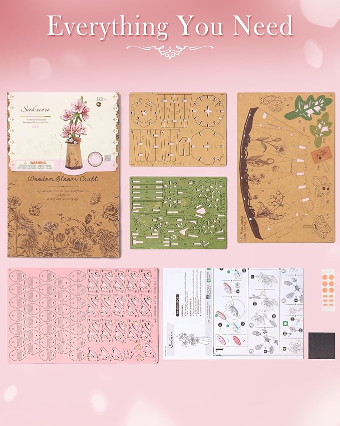 3D Flower Wooden Puzzles for Adults-Sakura, DIY Wooden Flowers Model Kit Building Set Crafts for Adults to Build, Botanical Collection/Ideal Creative Gift Ideas/Housewarming (113PCS)