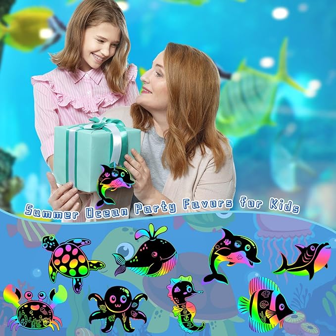 JULMELON 36 PCS Ocean Crafts, Rainbow Scratch Art Under The Sea Party Favors DIY Magic Color Summer Ocean Animals Scratch Cards for Summer Party Favors School Activities