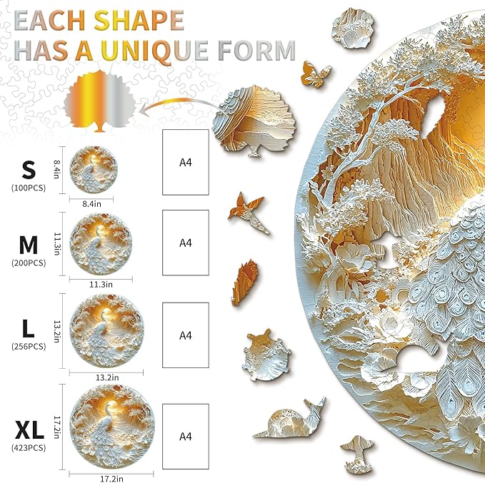 KAAYEE Wooden Puzzles for Adults, 3D Visual Effect Beautiful Peacock Wooden Jigsaw Puzzle Unique Shape Wood Puzzle Adult, Birthday Gifts for Puzzle Lovers Family Games (L-13.2 * 13.2 in-256pcs)