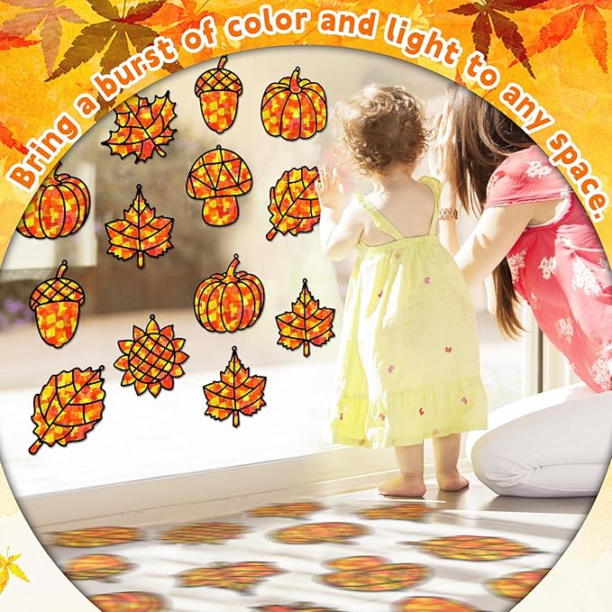 32 Sets Fall Thanksgiving Suncatchers Craft Kit DIY Window Stained Glass Effect Autumn Harvest Paper Crafts Home School Classroom Decoration Kid Birthday Gift Creative Art Project Activity Game