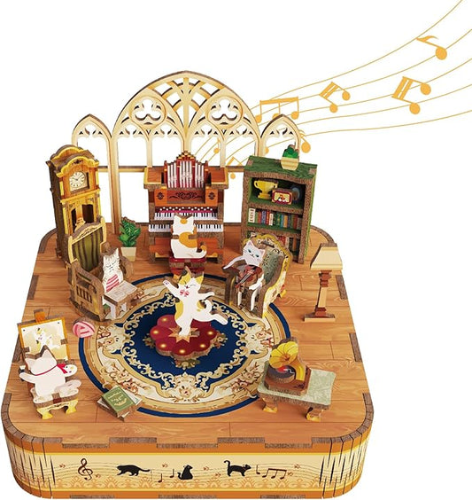 Tonecheer Wooden Music Box Puzzle for Adults,DIY Rotating Music Box Kit 3D Creative Musical Puzzle Crafts Model Building Kits Desk Decor for Teens Kids Birthday Gift (Cats Family)