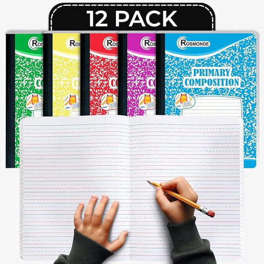 12 Pack Primary Composition Notebooks, 200 Pages (100 Sheets), Primary Ruled Composition Notebook for Kids, 9-3/4" x 7-1/2", Grades K-2, Writing Dotted Lined, Assorted, Colors May Repeat