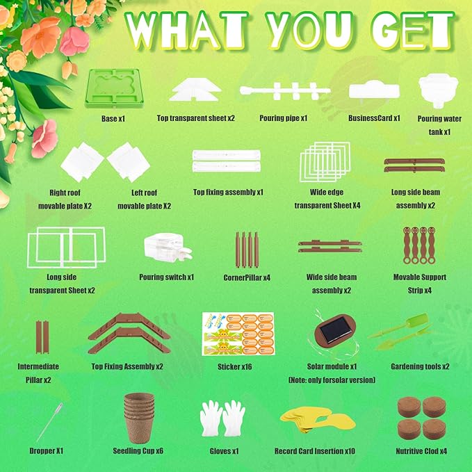 Kids Plant Growing Kit - Kids Greenhouse & Flower Growing Kit with Upgraded Irrigation & Grow Light – Perfect Gardening for Kids(Solar Green)
