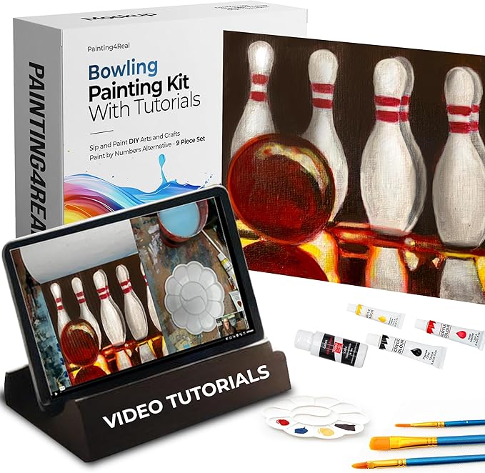 Painting4Real DIY Painting Class Kit for Adults with Video Tutorials: Learn to Paint Bowling – How to Paint with Acrylics – Painting & Art Supplies – 9 Piece Acrylic Paint Set