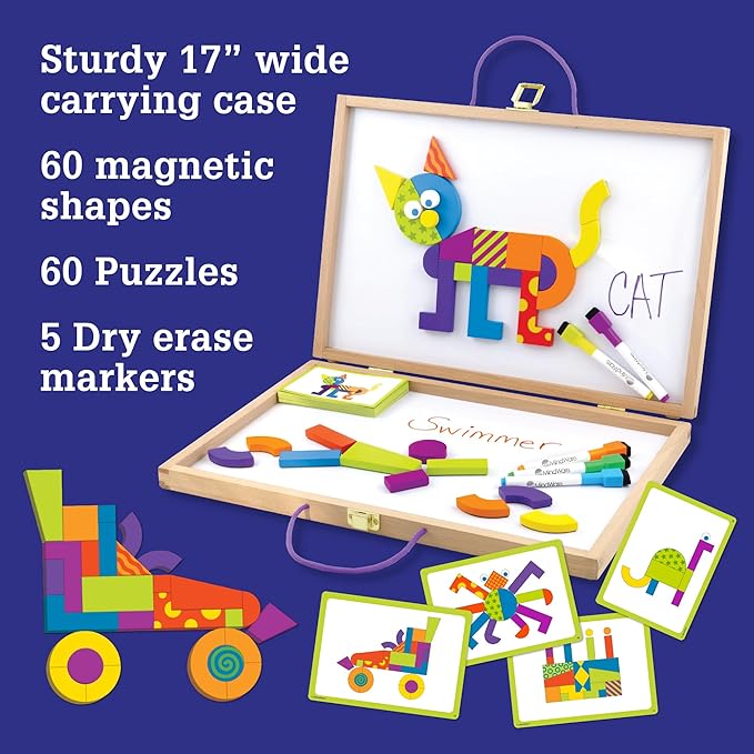 MindWare Imagination Patterns - Creative, Magnetic Play with Patterned Tangram Shapes - Includes 60 Magnetic Blocks, 60 Puzzle Cards, Dry Erase Markers & Wood Case - Deluxe