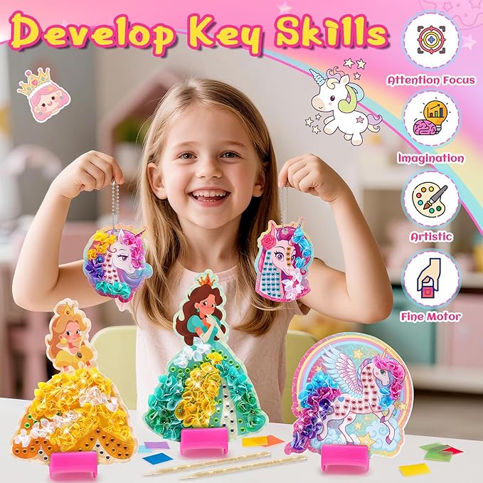 CrispPlay Princess Unicorn Girl Toys, Crafts for Kids Ages 4-8 8-12, 9pcs Poke Art Craft Kits for 4 5 6 7 8 9 Year Old Girls Birthday Christmas Gifts, DIY Kids Creative Activity, Mess Free