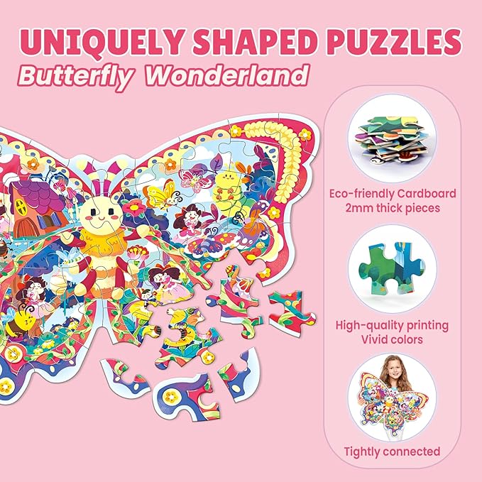 ELX 52 Piece Butterfly Jigsaw Puzzle for Kids 3+, Large Floor Puzzle for Preschool Learning with Storage Bag, Educational Toy Gift Birthday and Christmas for Boys Girls