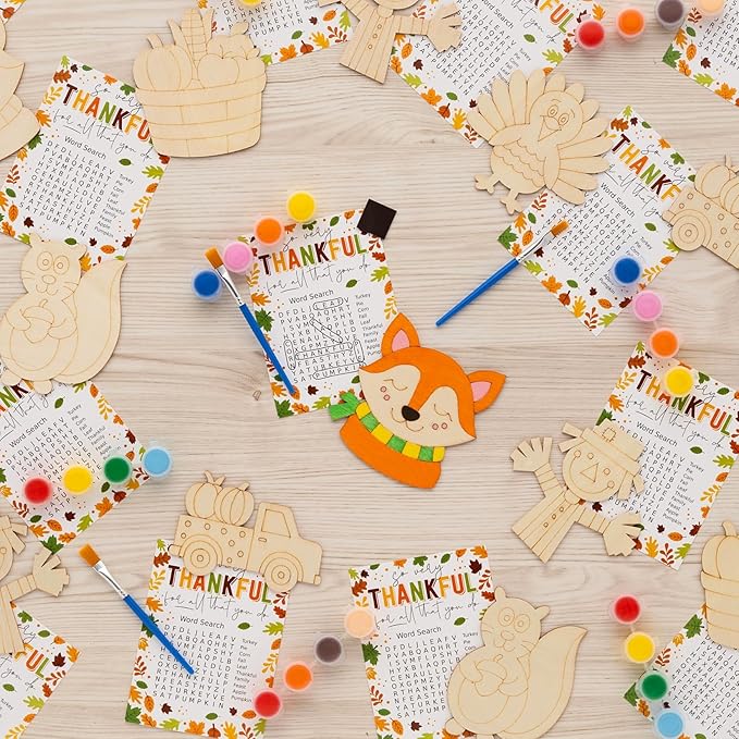 Fall Thanksgiving Crafts for Kids - 24 PCS DIY Wood Magnet Painting Kit with Cards - Thanksgiving Classroom Activities, Autumn Holiday Decorations, Fall Goodie Bag Favors for Boys & Girls