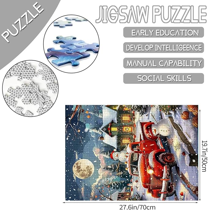 Merry Christmas 1000 Piece Jigsaw Puzzles for Adults Red Car and Snowman Painting Jigsaw Wooden House Puzzles for Challenging Family Activity Winter Scenery Art DIY Puzzle Decor Gifts(Colorful