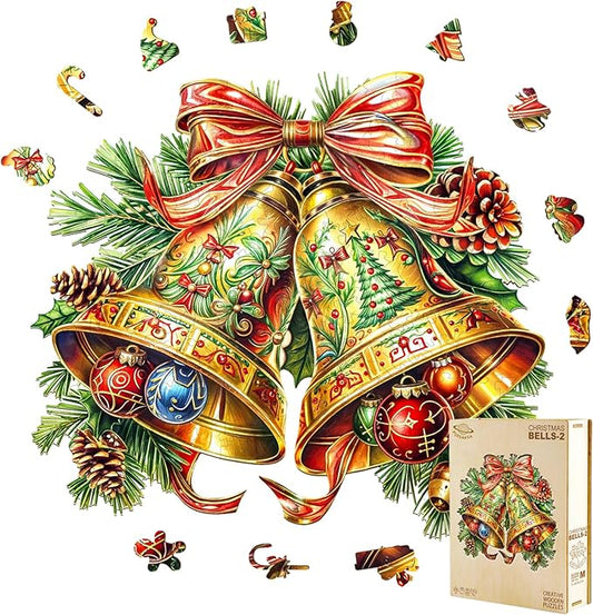 Wooden Puzzles for Adults, Bells Wood Puzzles Adult, Wooden Jigsaw Puzzles for Adults, Holiday Winter Puzzle, Unique Animal Shape, Gifts for Friends and Family (M-11.4 * 10.2in -200 Pcs)